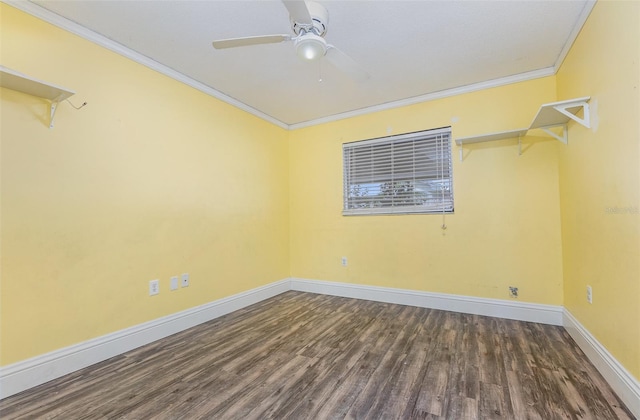 spare room featuring ceiling fan, ornamental molding, and wood-type flooring