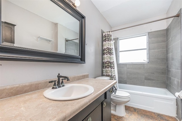 full bathroom featuring vanity, toilet, and shower / bathtub combination with curtain