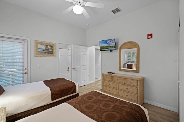 bedroom featuring ceiling fan and light hardwood / wood-style flooring