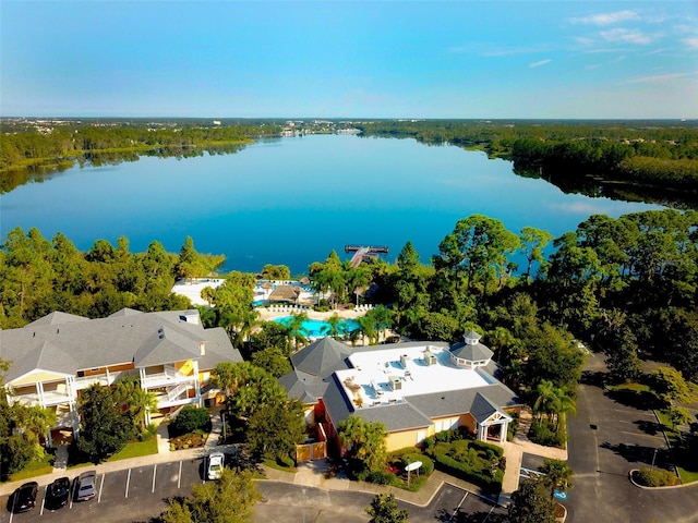 birds eye view of property with a water view