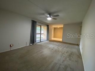 carpeted spare room with ceiling fan