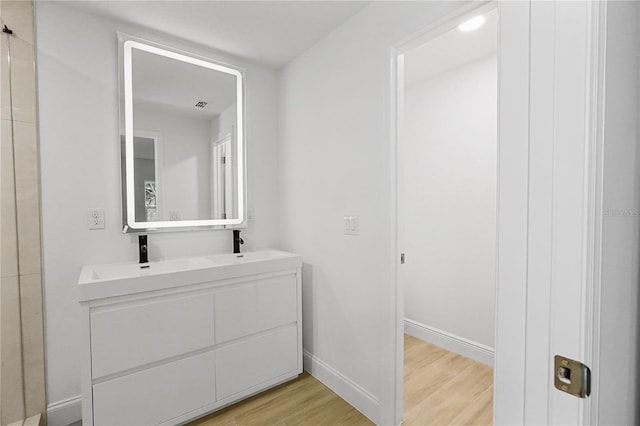 bathroom with wood-type flooring and vanity