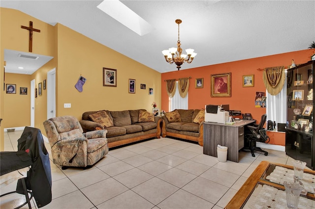 living room with lofted ceiling with skylight, light tile patterned flooring, and a chandelier