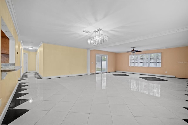 tiled spare room featuring ceiling fan with notable chandelier and crown molding