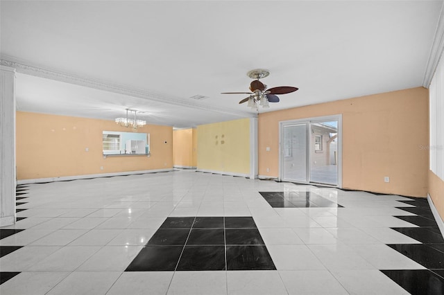 spare room featuring light tile patterned flooring, ceiling fan with notable chandelier, and crown molding