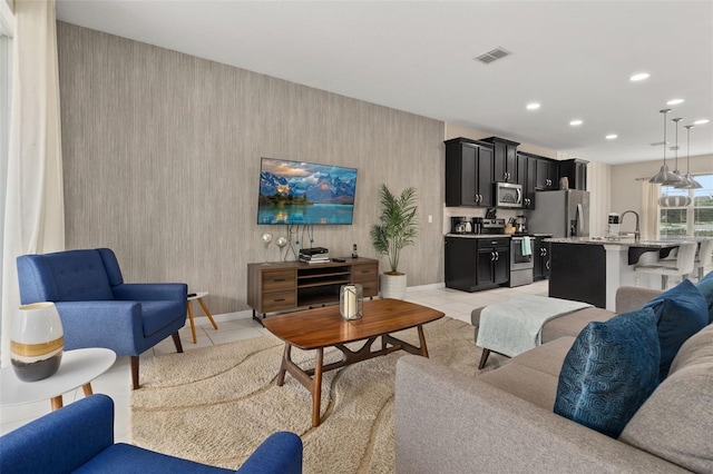 tiled living room with sink