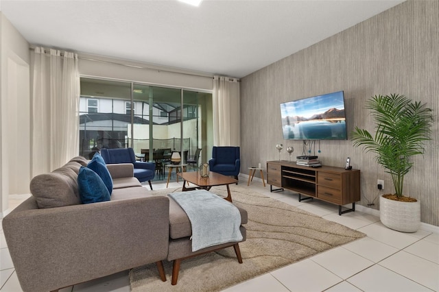 living room with tile patterned flooring