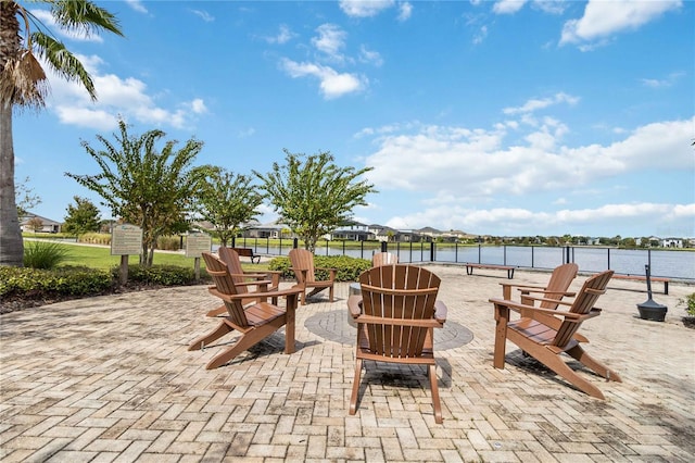 view of patio / terrace with a water view