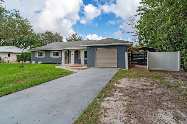 ranch-style house with a front yard and a garage