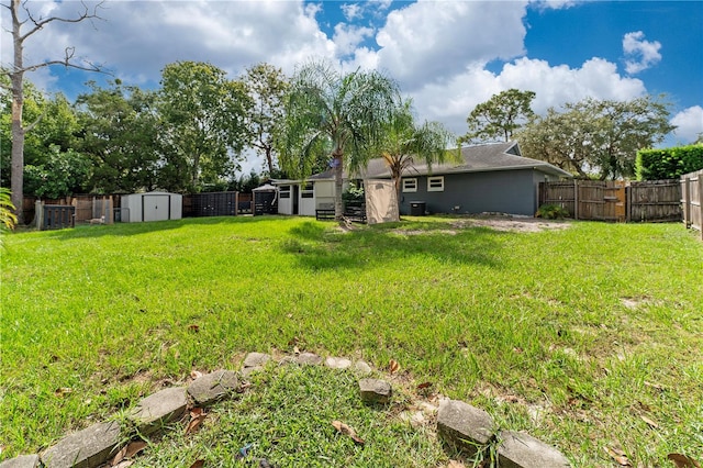 view of yard featuring a storage shed