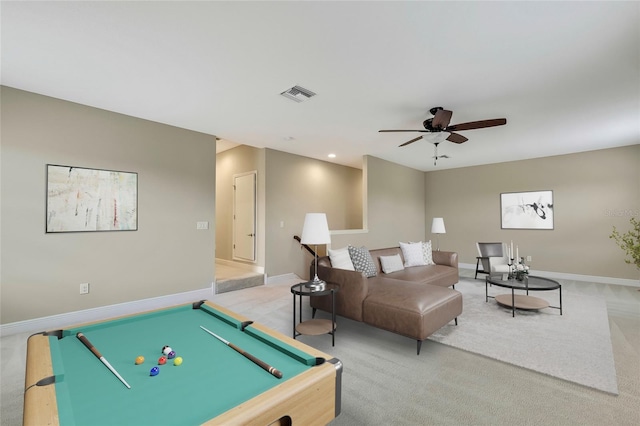 game room with ceiling fan, carpet floors, and pool table