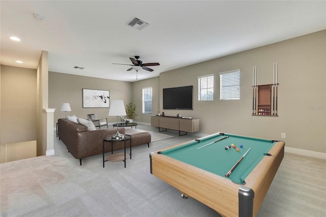 playroom featuring carpet flooring, ceiling fan, and pool table