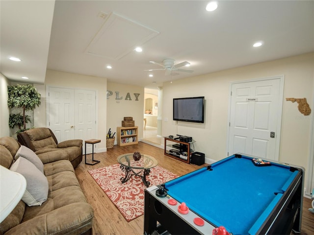 playroom with billiards, ceiling fan, and hardwood / wood-style floors