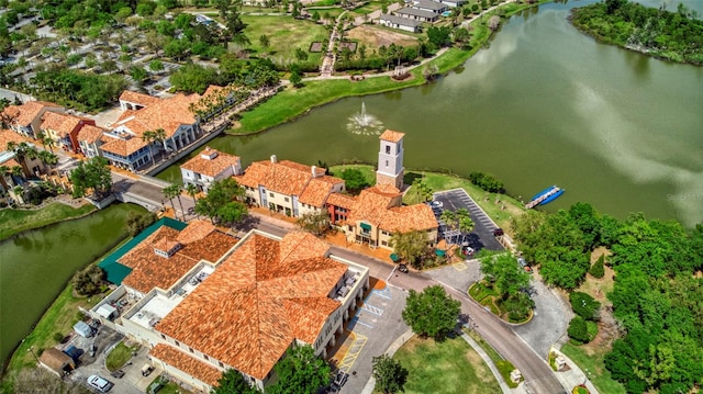 bird's eye view with a water view