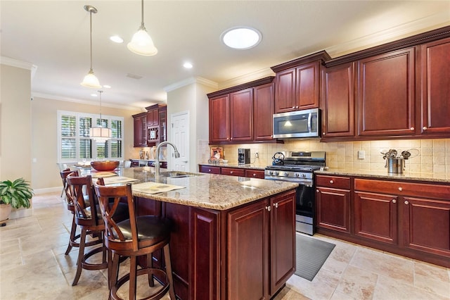 341 Navarra Ln, Davenport, FL 33837 - kitchen with a sink, crown molding, reddish brown cabinets, stainless steel appliances, and decorative backsplash
