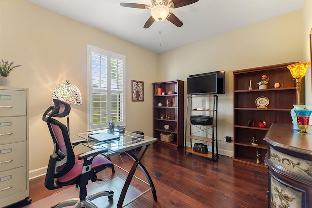 341 Navarra Ln, Davenport, FL 33837 - office featuring ceiling fan, wood finished floors, and baseboards