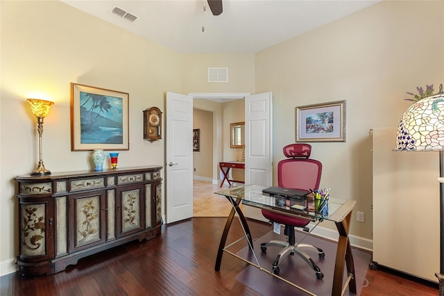 341 Navarra Ln, Davenport, FL 33837 - office space with visible vents, dark wood-style flooring, and ceiling fan