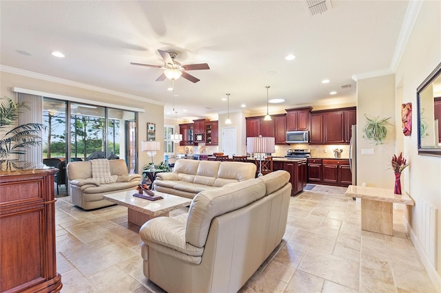 341 Navarra Ln, Davenport, FL 33837 - living area featuring a ceiling fan, stone tile floors, ornamental molding, and visible vents