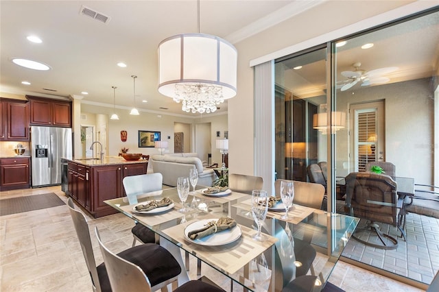341 Navarra Ln, Davenport, FL 33837 - dining area featuring recessed lighting, visible vents, crown molding, and a ceiling fan