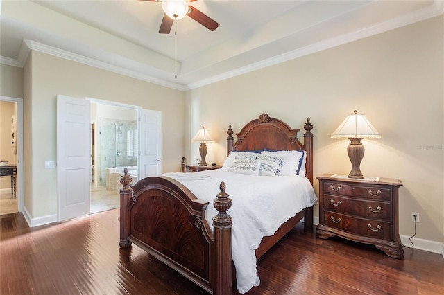 bedroom with ceiling fan, ornamental molding, ensuite bathroom, and dark hardwood / wood-style flooring