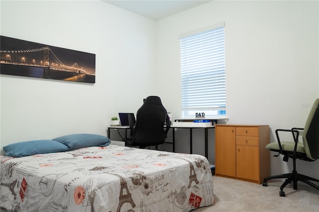 bedroom with light colored carpet