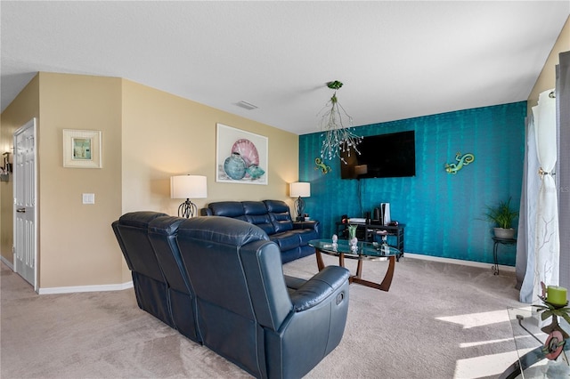 living room with light colored carpet