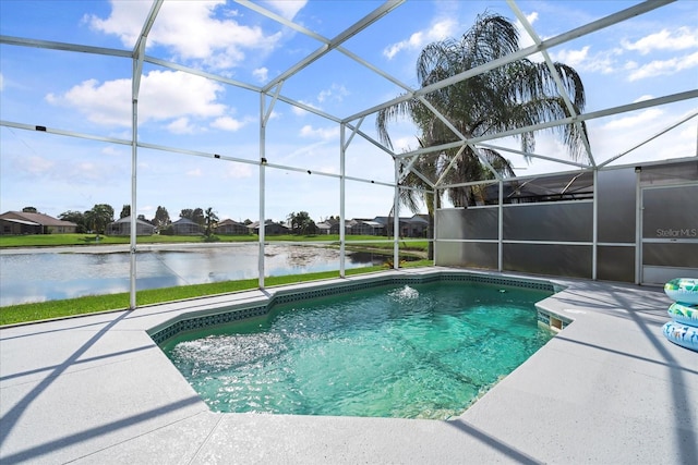 view of pool featuring a water view, a lanai, and a patio area