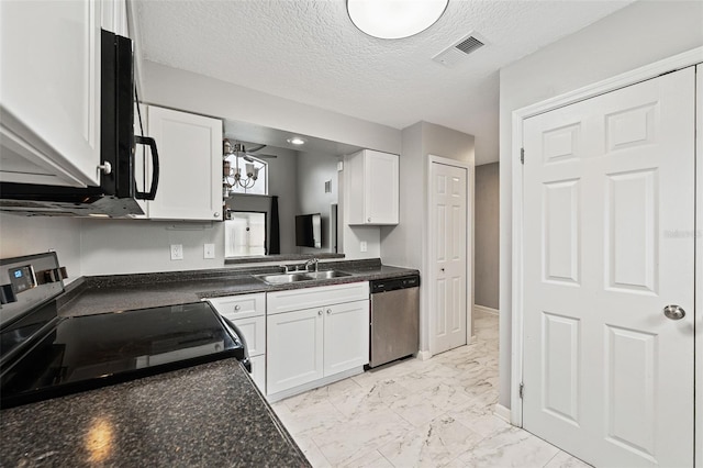 kitchen featuring electric range, sink, white cabinetry, ceiling fan, and stainless steel dishwasher