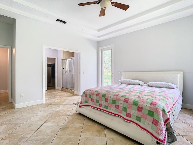 tiled bedroom with ceiling fan