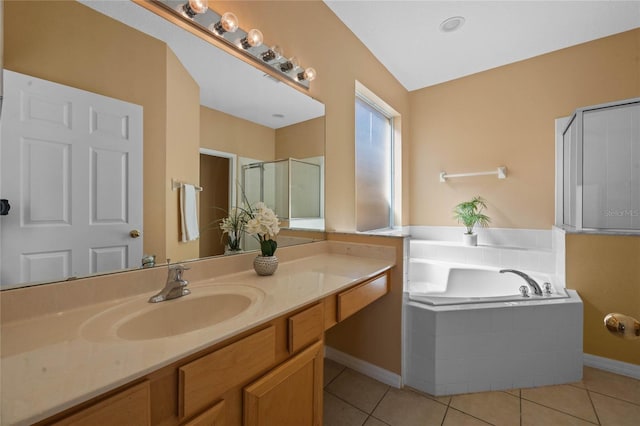 bathroom featuring lofted ceiling, tile patterned flooring, vanity, and separate shower and tub