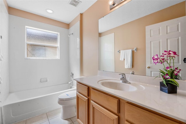 full bathroom featuring tile patterned flooring, shower / bathtub combination, vanity, and toilet