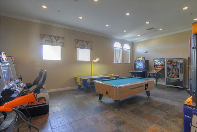 game room featuring billiards and crown molding