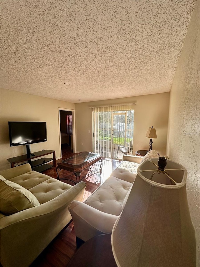 living room featuring hardwood / wood-style flooring and a textured ceiling