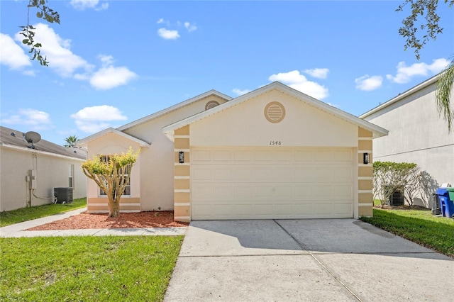 1548 Tiverton Blvd, Winter Garden, FL 34787 - ranch-style house featuring central air condition unit, stucco siding, driveway, an attached garage, and a front lawn