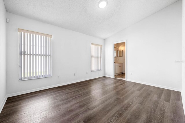 interior space featuring a textured ceiling, lofted ceiling, dark hardwood / wood-style floors, and a wealth of natural light