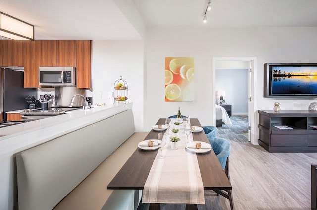 dining area with light hardwood / wood-style floors and track lighting