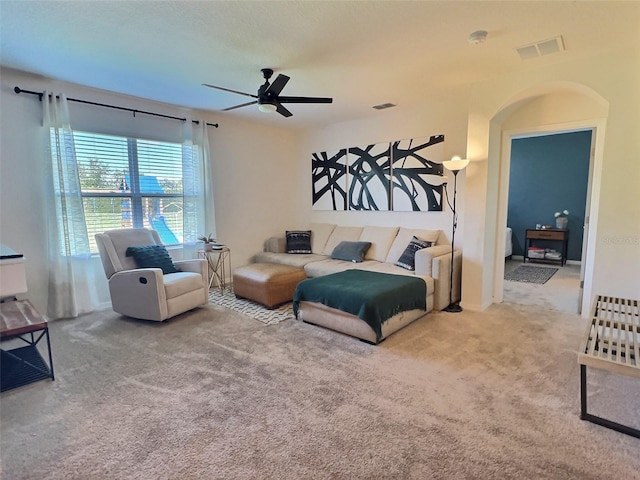 bedroom with ceiling fan and carpet flooring