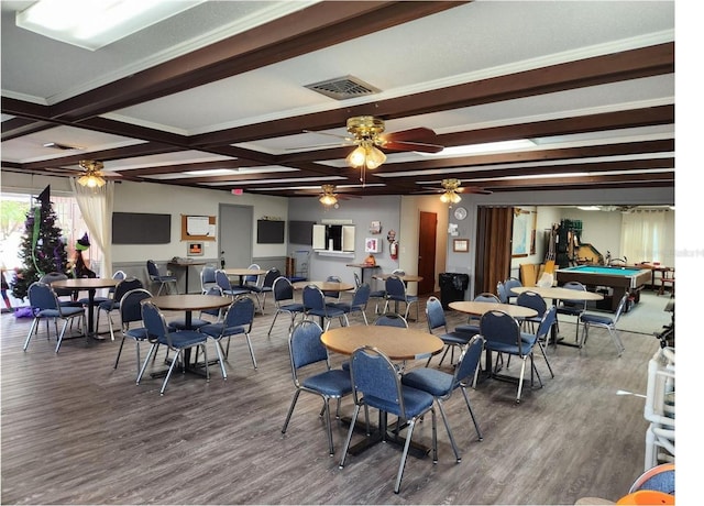 dining space featuring coffered ceiling, billiards, beamed ceiling, ceiling fan, and hardwood / wood-style flooring