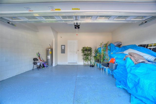 garage with a garage door opener, electric panel, and electric water heater