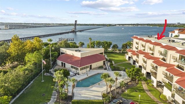 aerial view with a water view