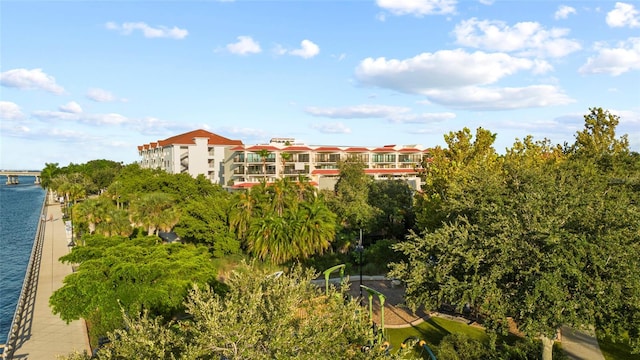 view of building exterior featuring a water view