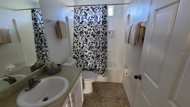 full bathroom featuring vanity, tile patterned floors, toilet, and shower / bathtub combination with curtain