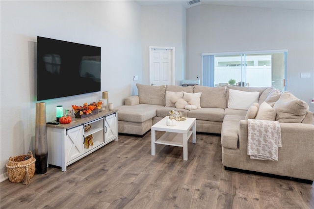 living room featuring high vaulted ceiling and light hardwood / wood-style flooring