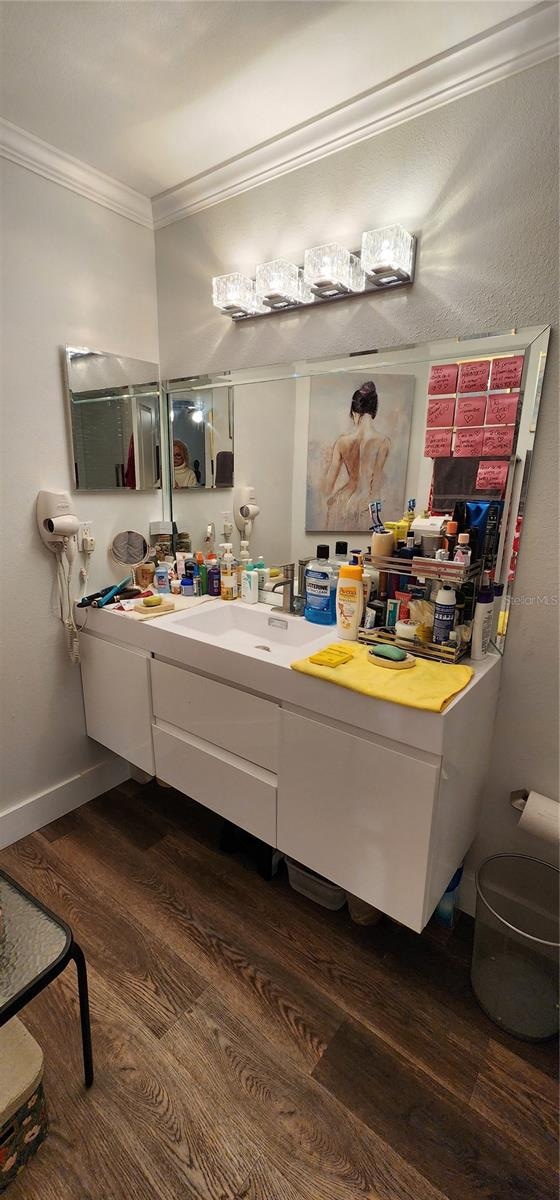 bathroom featuring ornamental molding, vanity, and hardwood / wood-style flooring