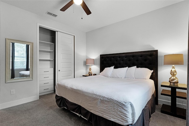 carpeted bedroom with ceiling fan and a closet