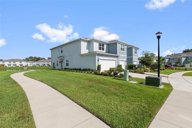 view of home's exterior featuring a garage and a lawn