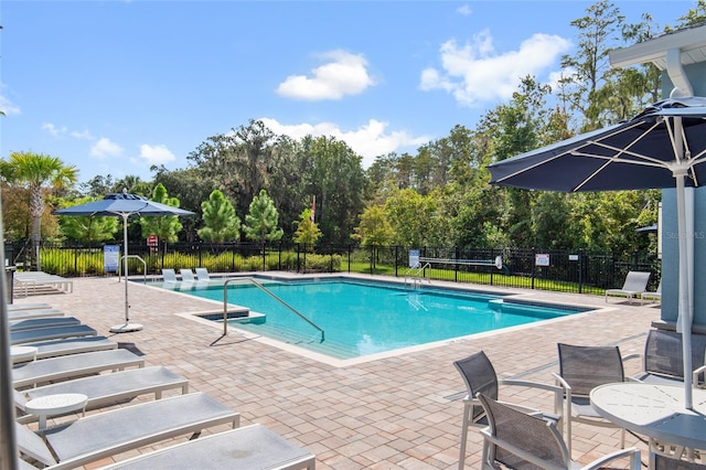 view of swimming pool with a patio area