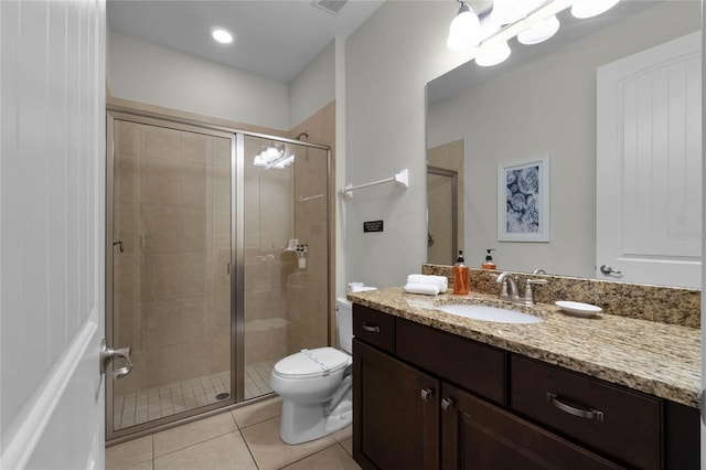 bathroom with tile patterned floors, an enclosed shower, vanity, and toilet