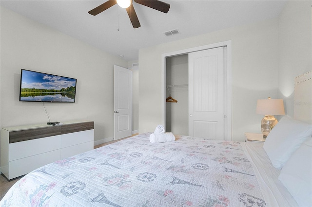 bedroom featuring ceiling fan and a closet