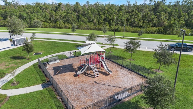 view of jungle gym with a yard